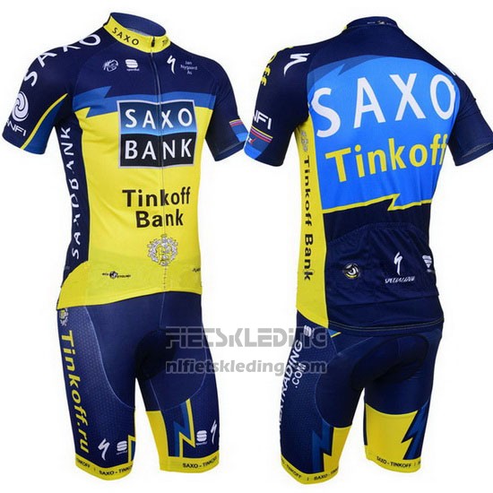 2013 Fietskleding Tinkoff Saxo Bank Blauw en Geel Korte Mouwen en Koersbroek